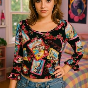 VANITY Y2K Lizzie McGuire Novelty Print Ruffle Sleeve Bon Voyage Blouse